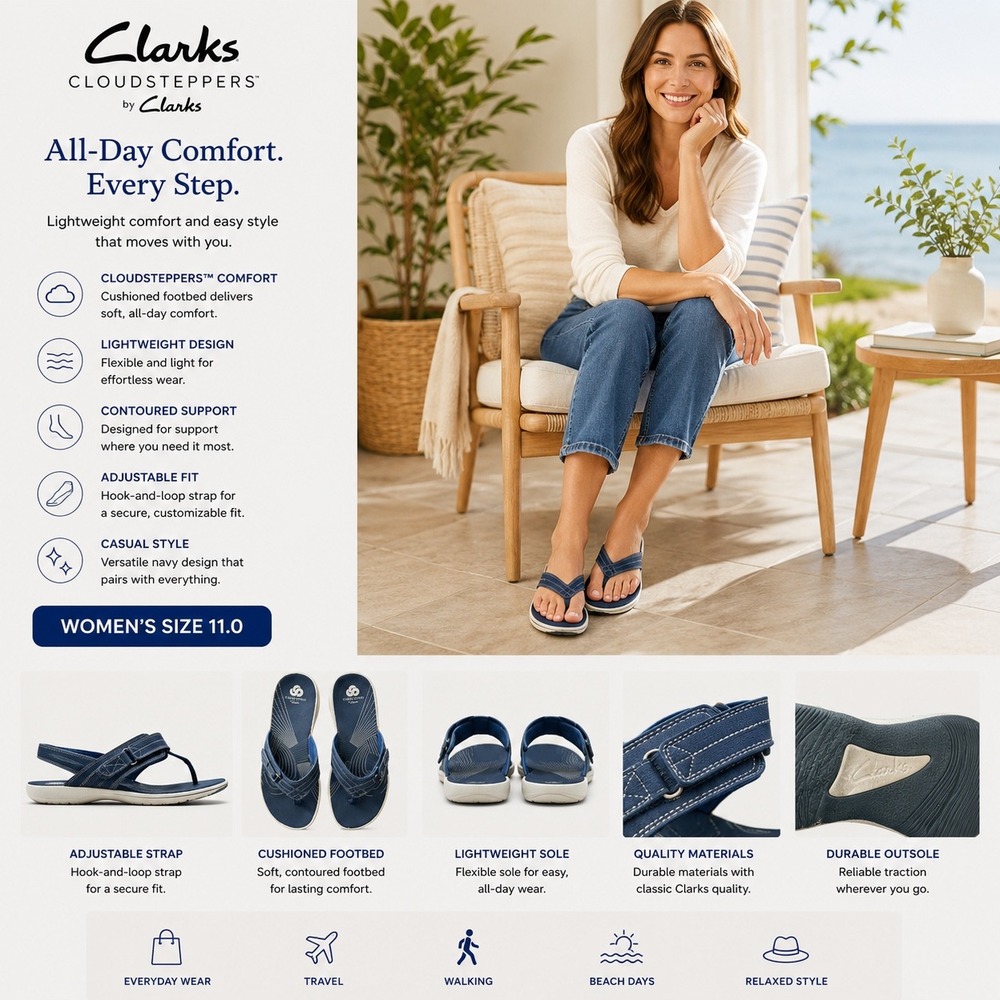 Clarks Cloudsteppers Women 11 Navy Blue Adjustable Thong Sandals Flip Flops